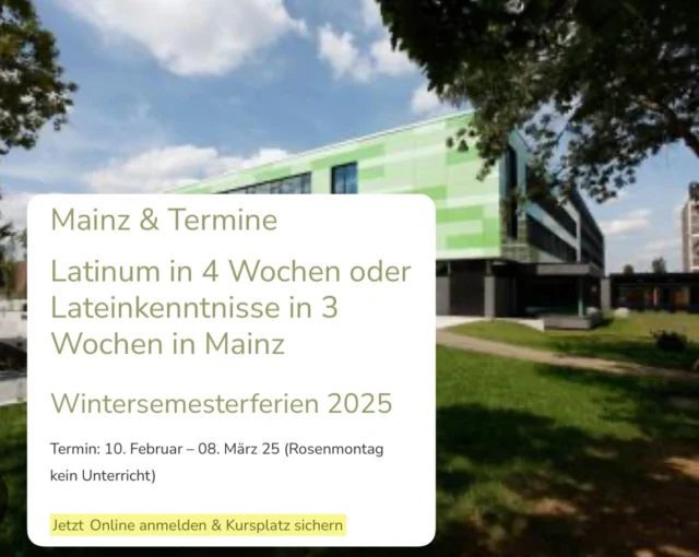 Latinum in 4 Wochen / Lateinkenntnisse in 3 Wochen in Mainz 2025

Jetzt anmelden & Platz sichern 

#mainz #unimainz #universitätmainz #johannesgutenberguniversität #rlp #rheinlandpfalz #studygram #studymotivation #studywithme #latein